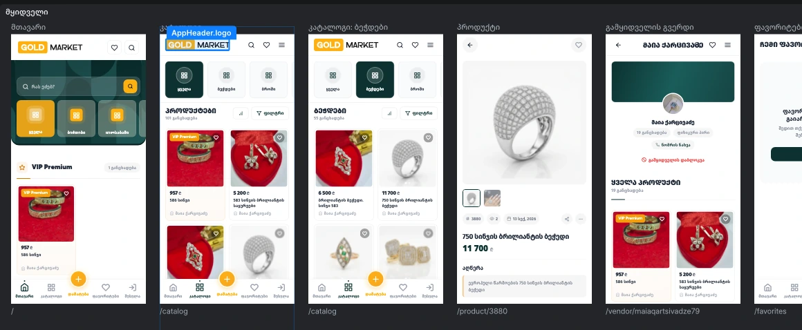 A section of live Goldmarket screens in the ucode canvas: home, catalog, product, vendor and favourites, each labelled with its route